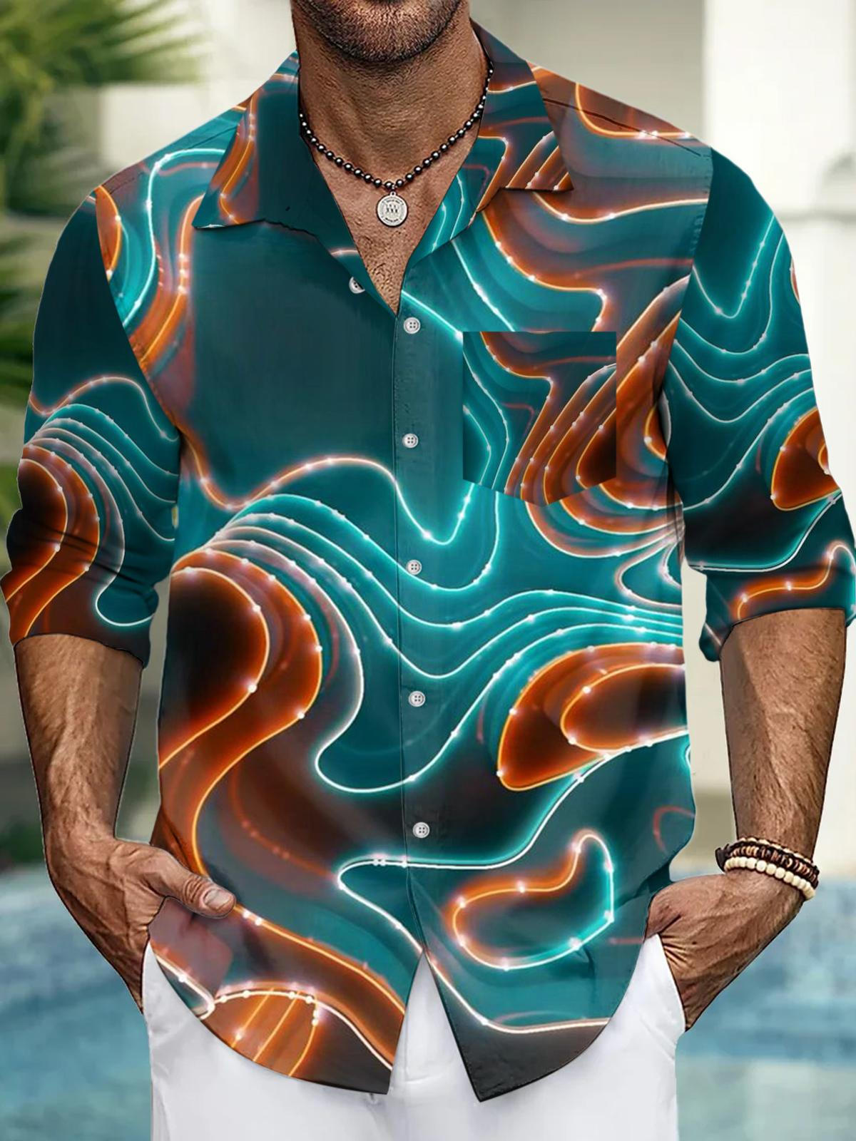 Resort Style Fluorescent Wave Print Men's Long-Sleeved Shirt