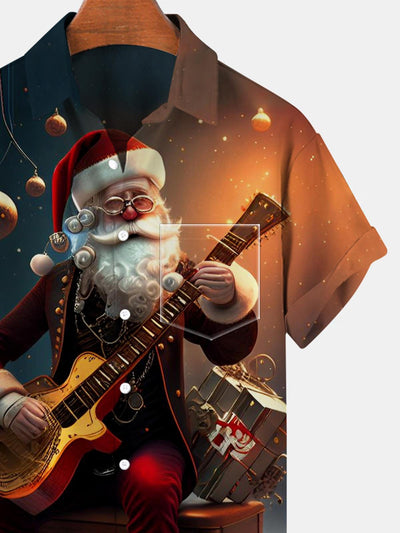 Christmas Santa Claus Guitar Short Sleeve Men's Shirts With Pocket