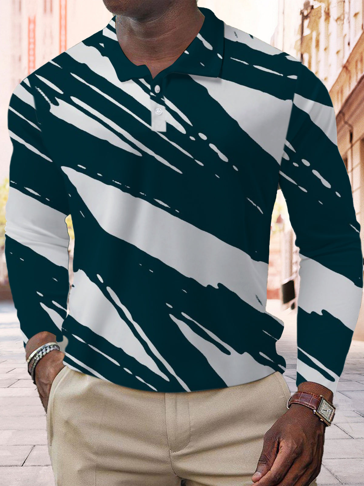 Geometric Contrast Print Men's Long Sleeve Button Polo