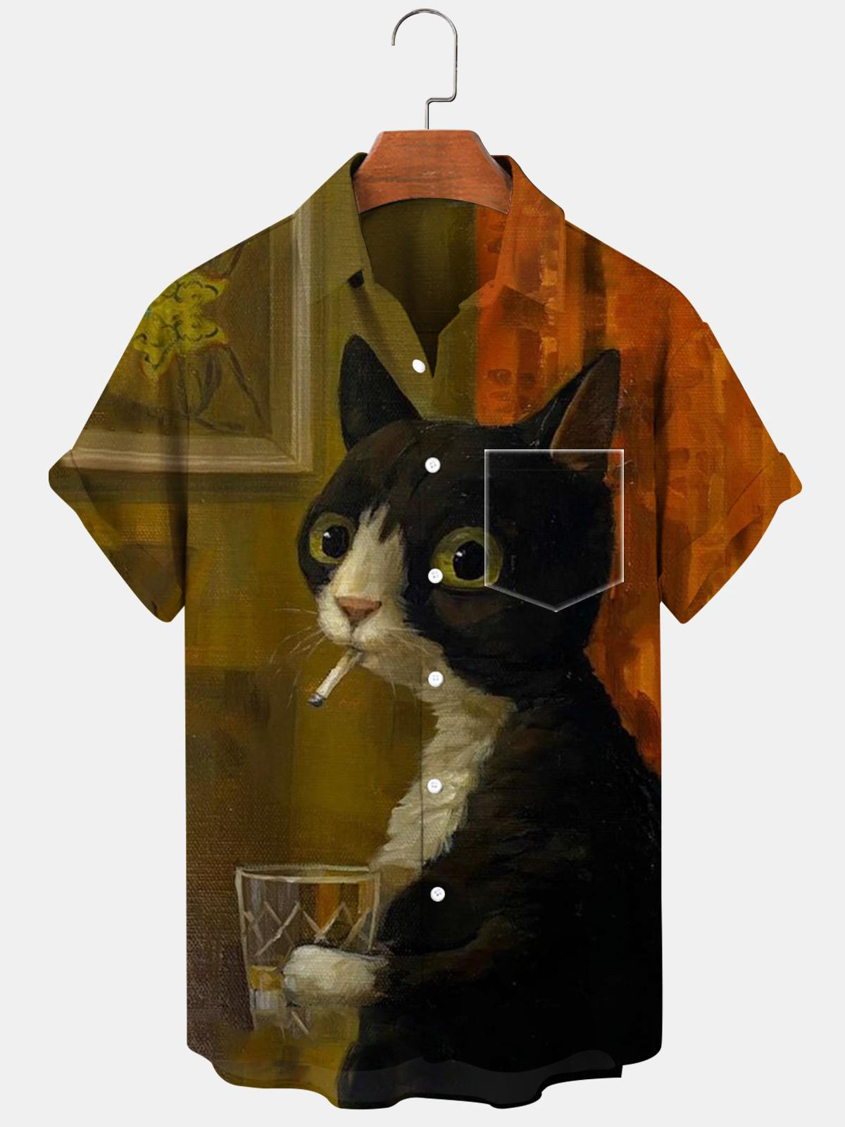 Cat Short Sleeve Men's Shirts With Pocket