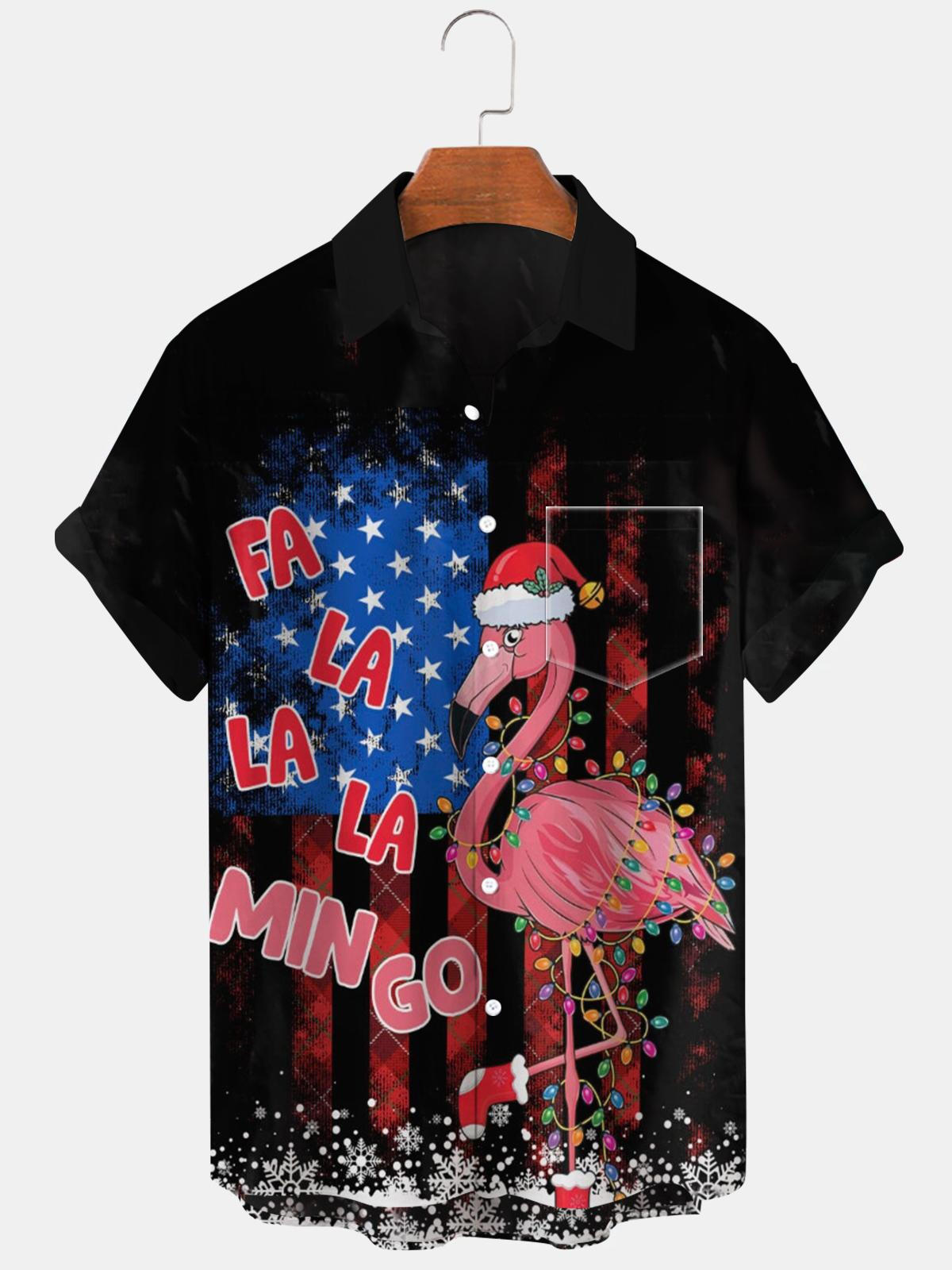 Christmas Flamingo American Flag Short Sleeve Men's Shirts With Pocket