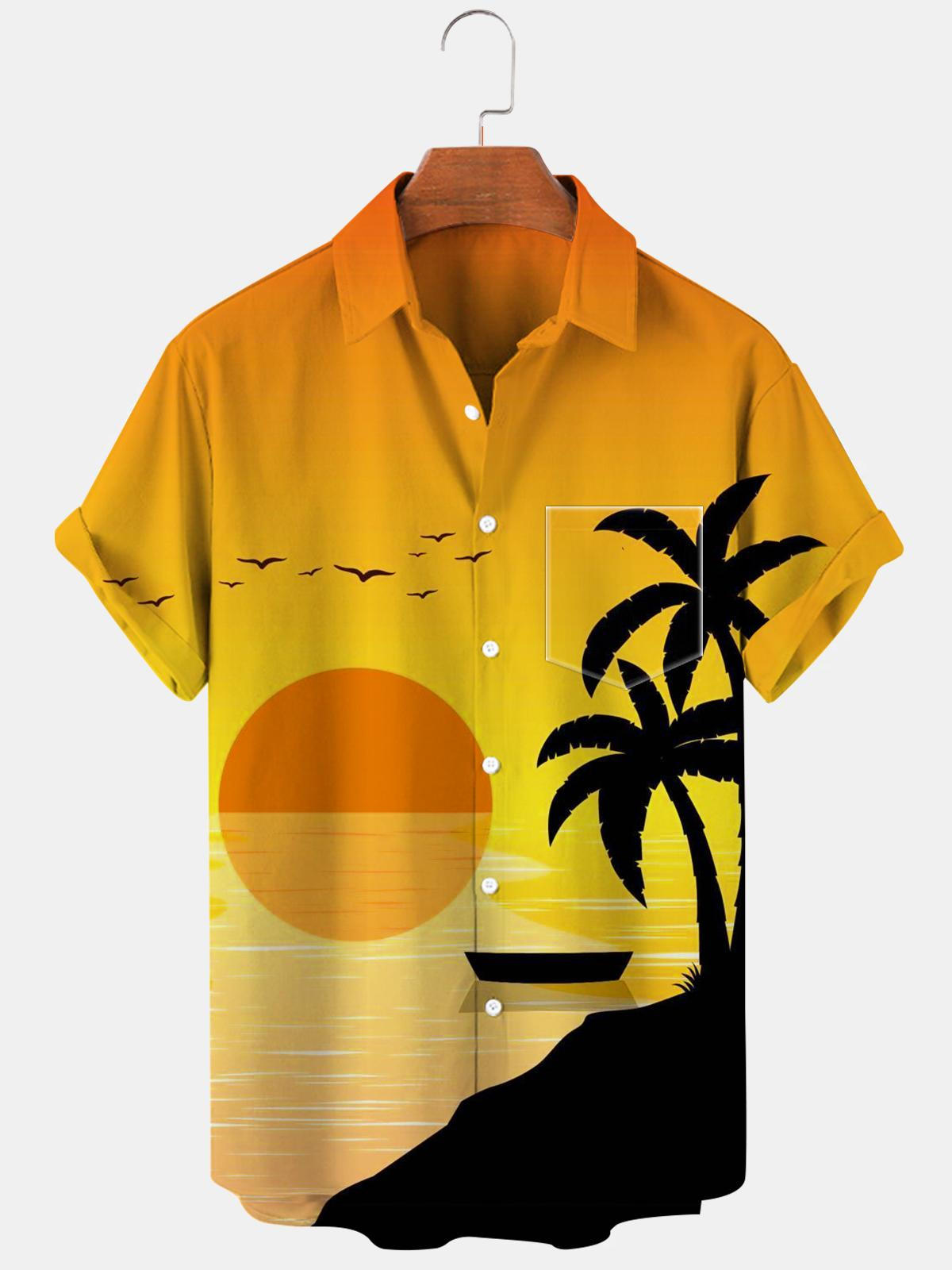 Coconut Tree Sunset Kurzarm Herrenhemden mit Tasche