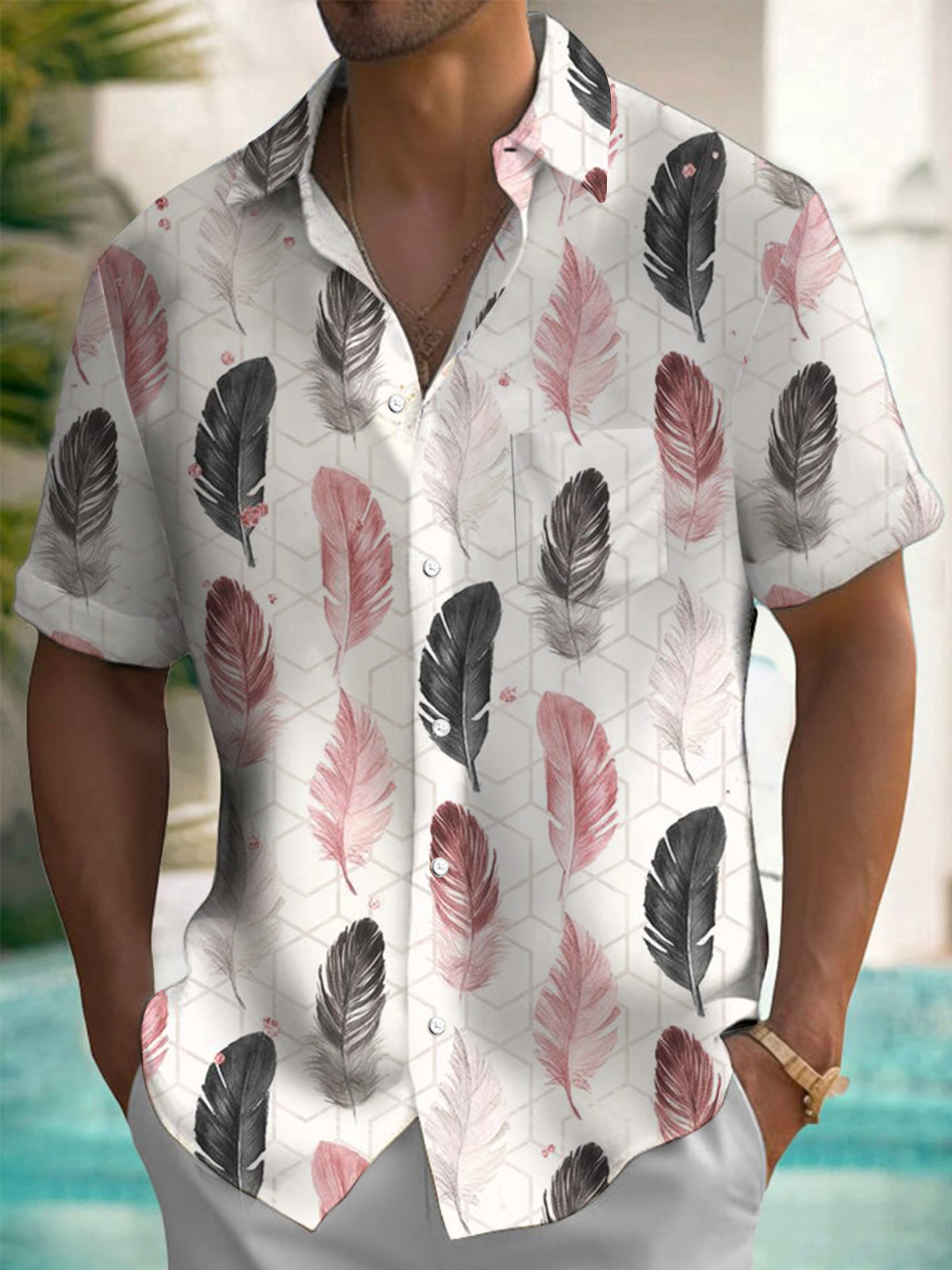 Feather Print Short Sleeve Men's Shirts With Pocket