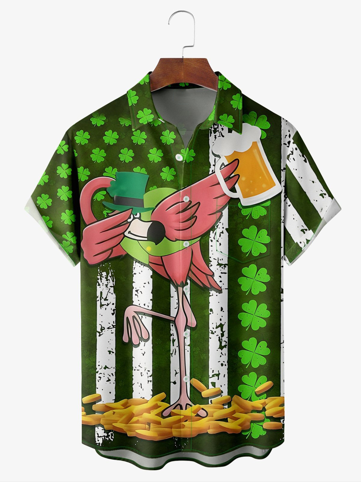 St. Patrick's Day Flamingo Casual Kurzarm Herrenhemden mit Tasche