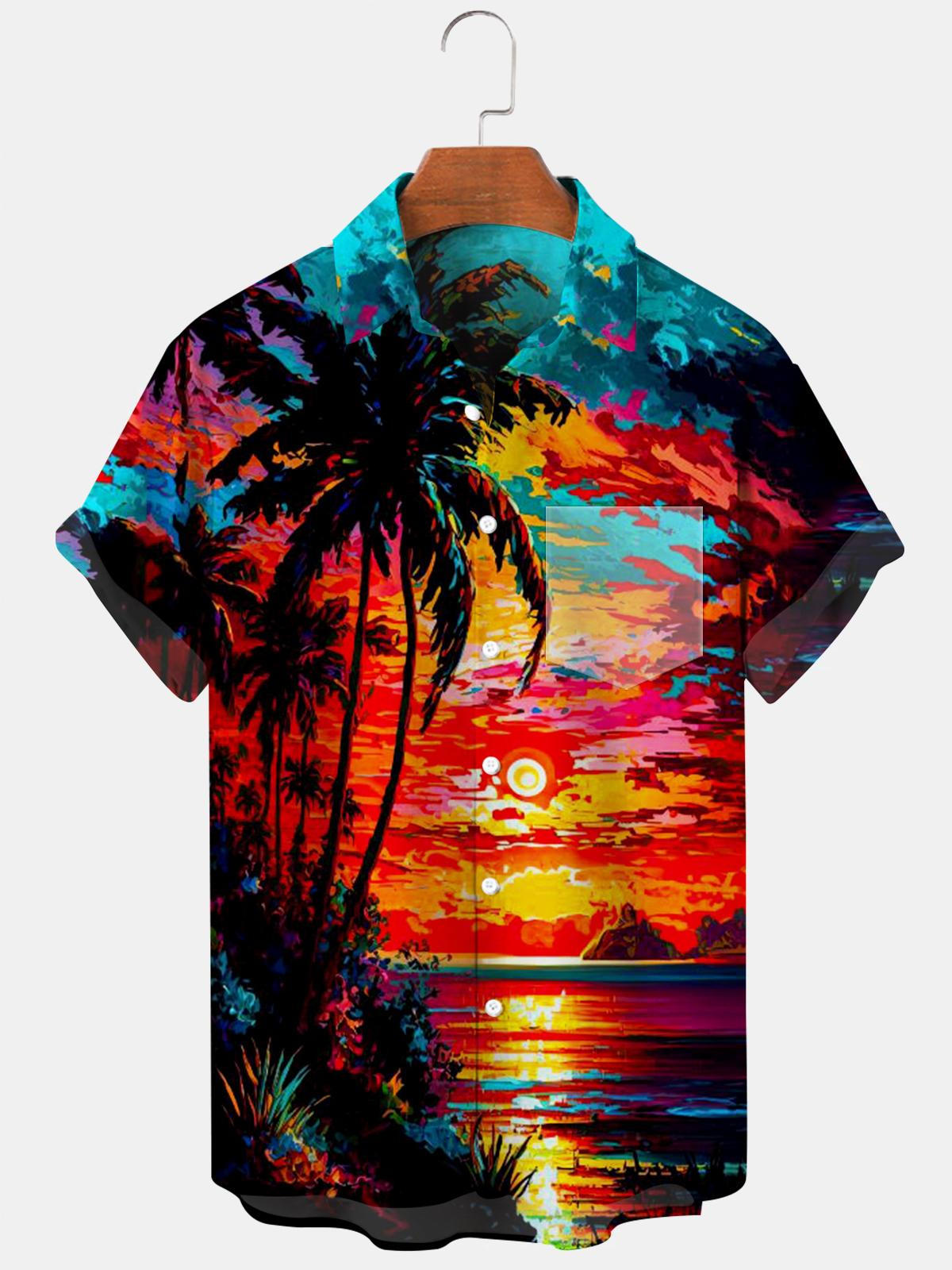 Hawaiian Sunset Coconut Palm Herrenhemden mit Tasche