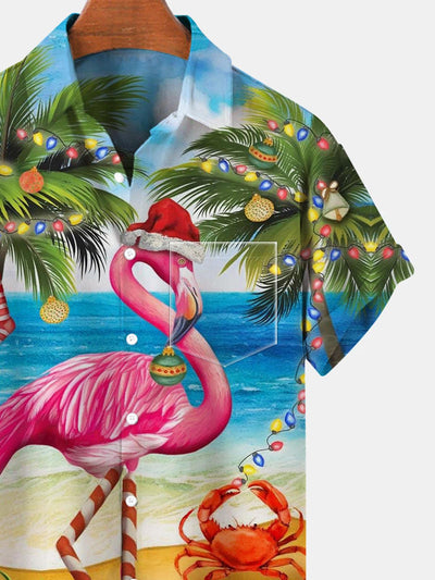 Weihnachts-Flamingo-Kurzarm-Herrenhemden mit Tasche