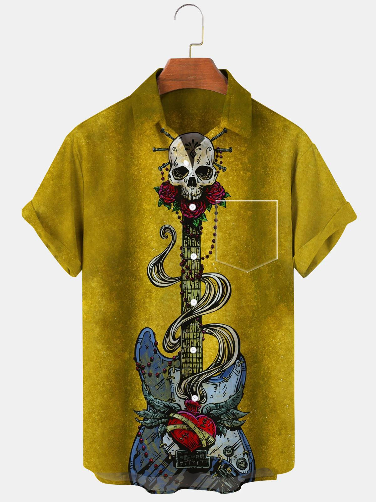 Skull Guitar Short Sleeve Men's Shirts With Pocket