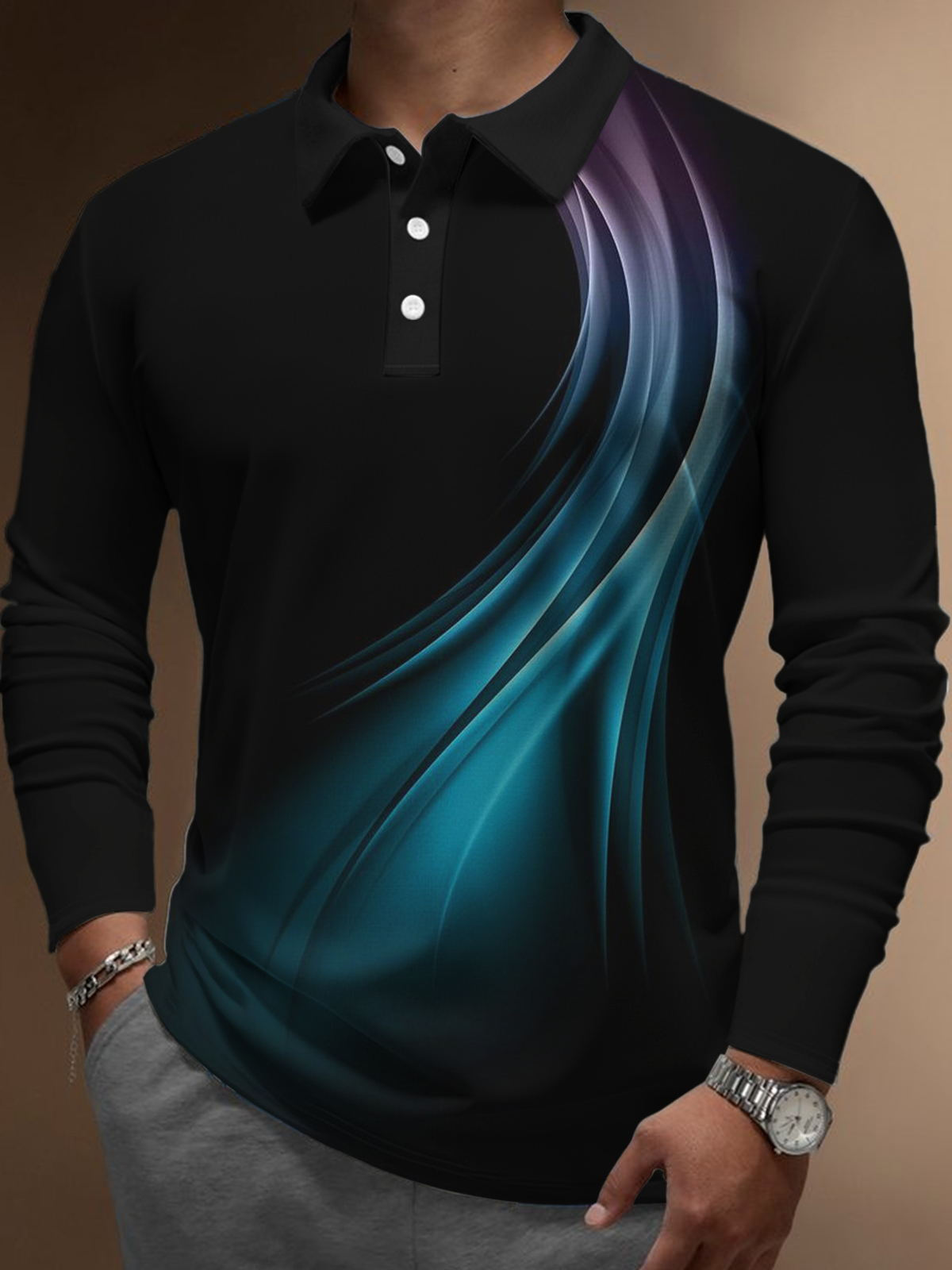 Abstract Gradient Print Men's Long Sleeve Button Polo