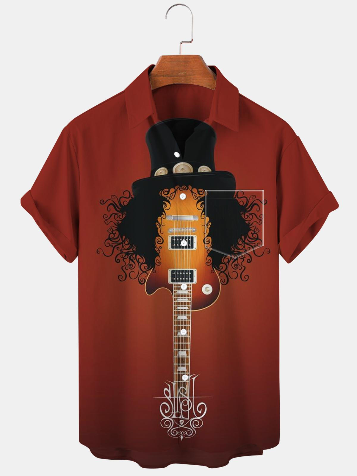 Guitar Hat Short Sleeve Men's Shirts With Pocket