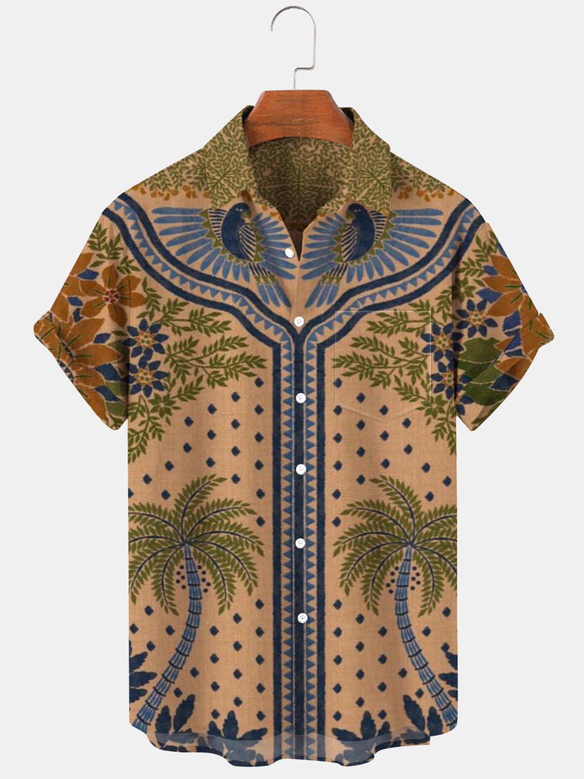 Botanical Coconut Tree Print Short Sleeve Men's Shirts With Pocket