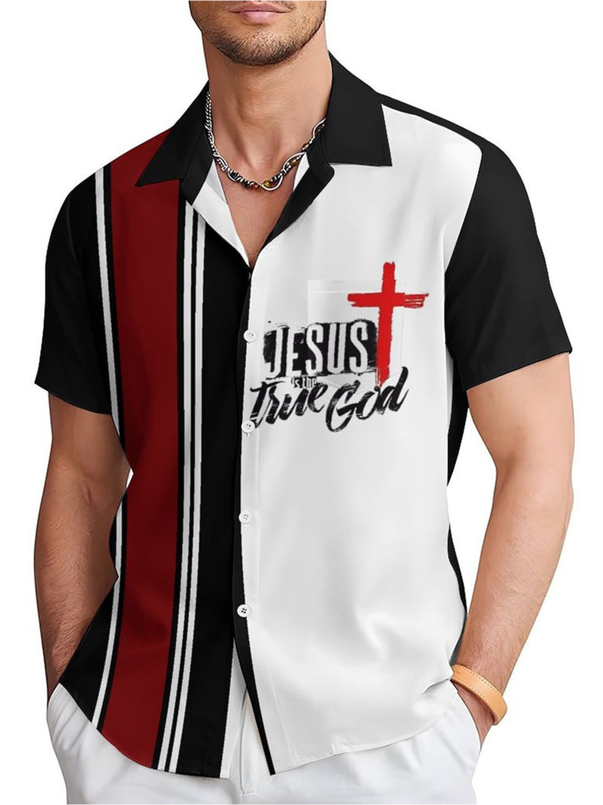 Jesus Print Graffiti Splicing Short Sleeve Men's Shirts With Pocket