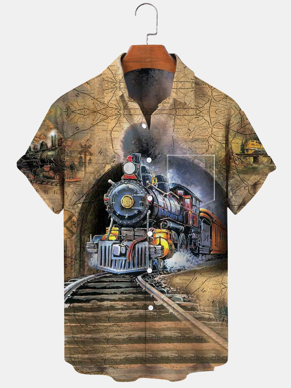 Steam Train Short Sleeve Men's Shirts With Pocket