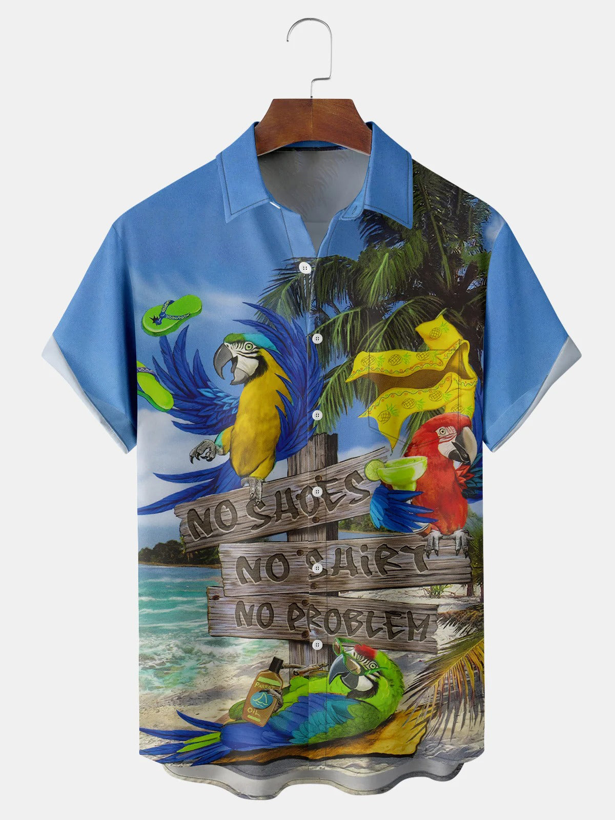 Parrot Coconut Tree Hawaiian Short Sleeve Men's Shirts With Pocket