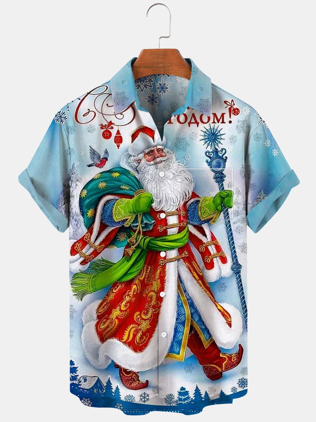 Santa Claus Short Sleeve Men's Shirts With Pocket