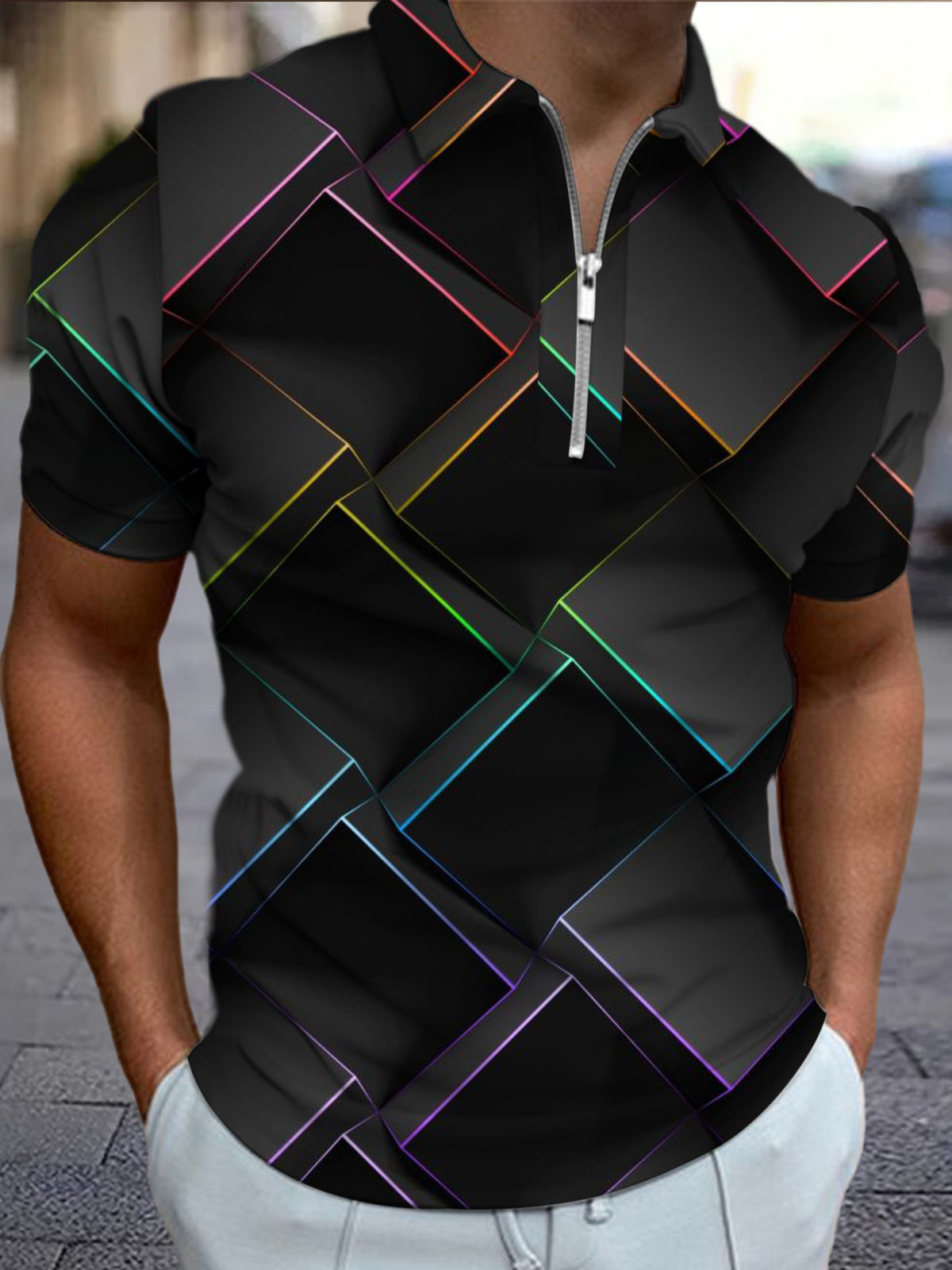 Geometric Print Men's Short Sleeve Zipper Polo