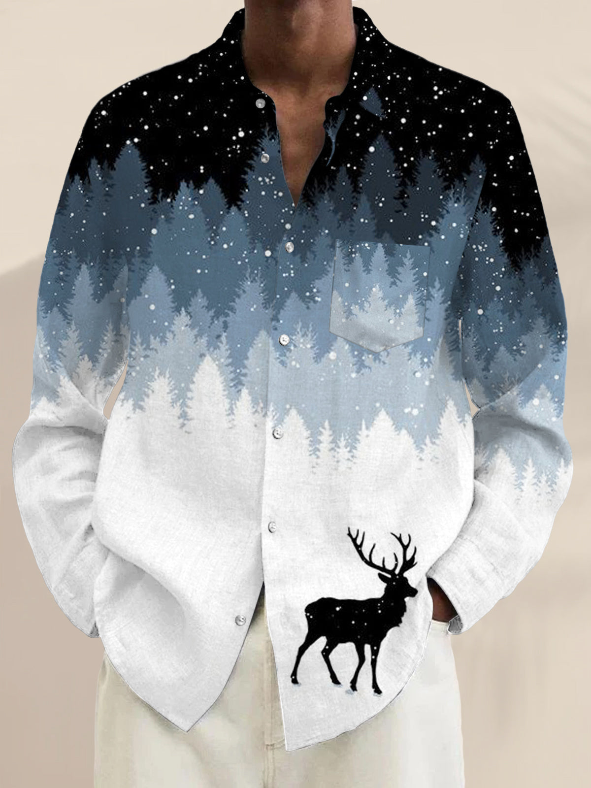 Men's Winter Night Deer Long Sleeve Lapel Shirt