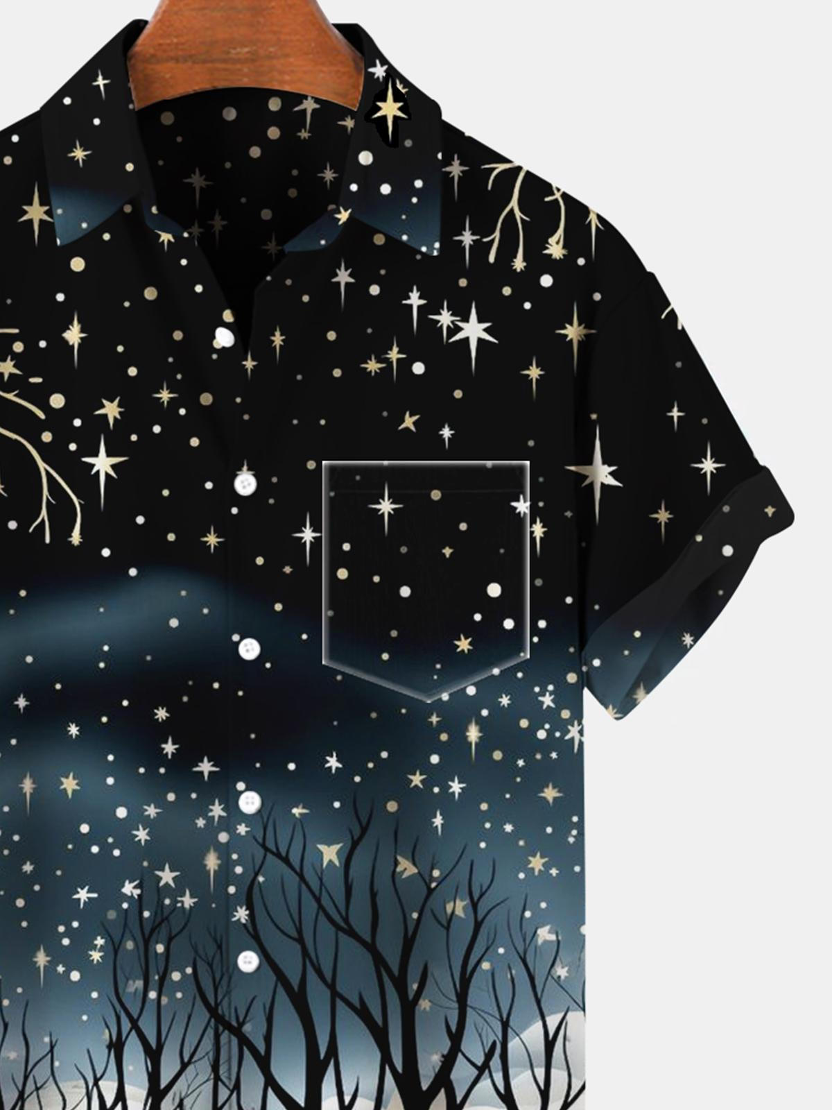 Winter Tree Star Snow Short Sleeve Men's Shirts With Pocket