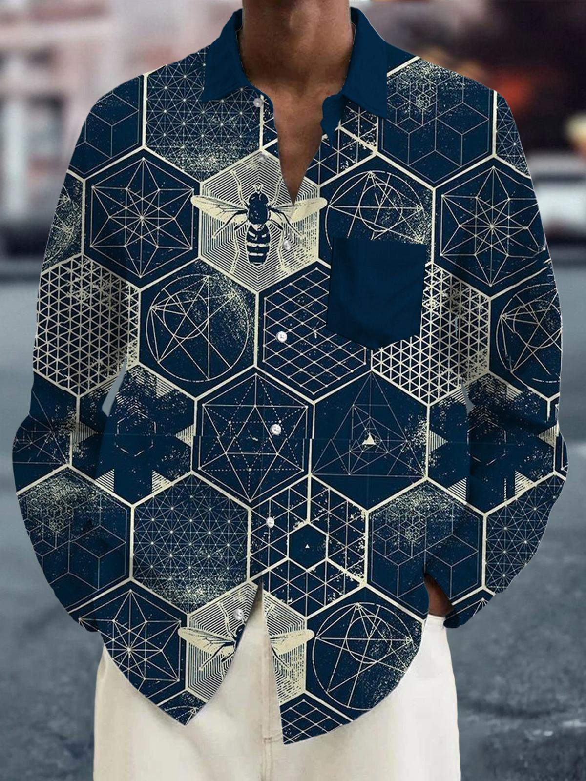 Geometric Bee Print Long Sleeve Men's Shirts With Pocket