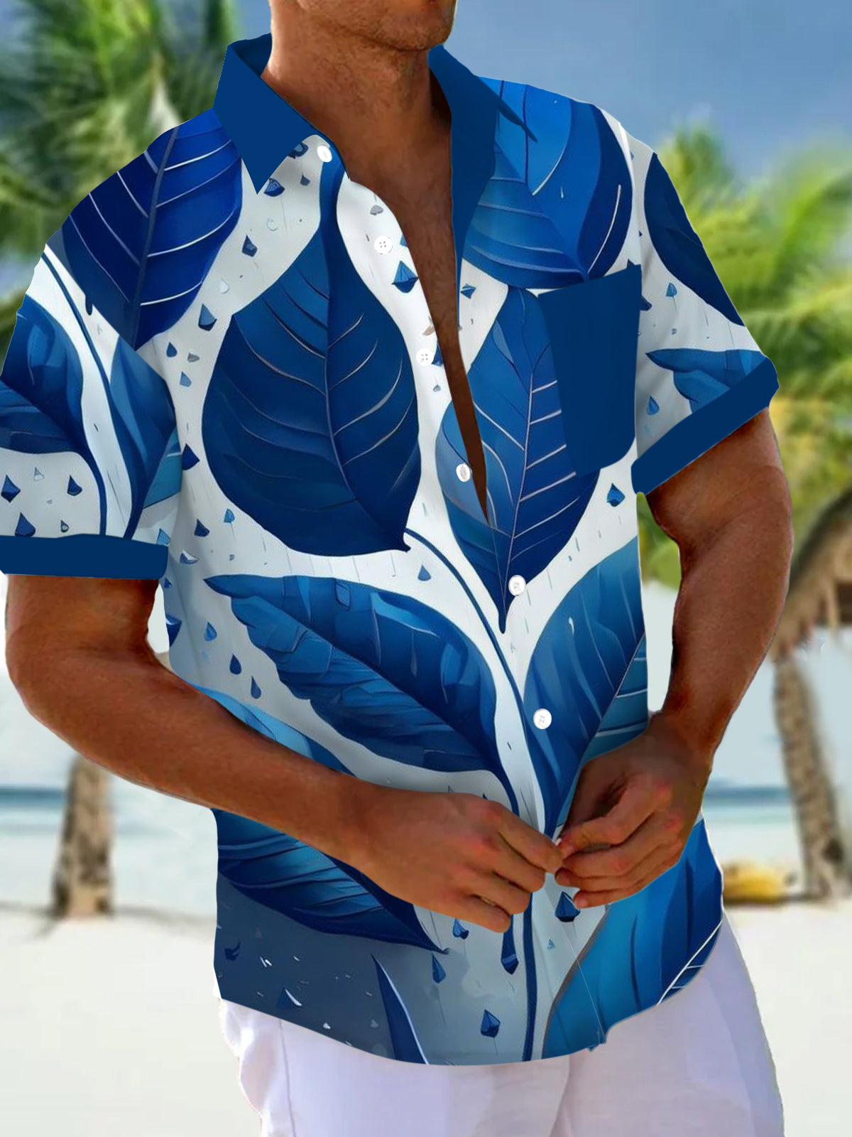 Plant Leaf Print Short Sleeve Men's Shirts With Pocket