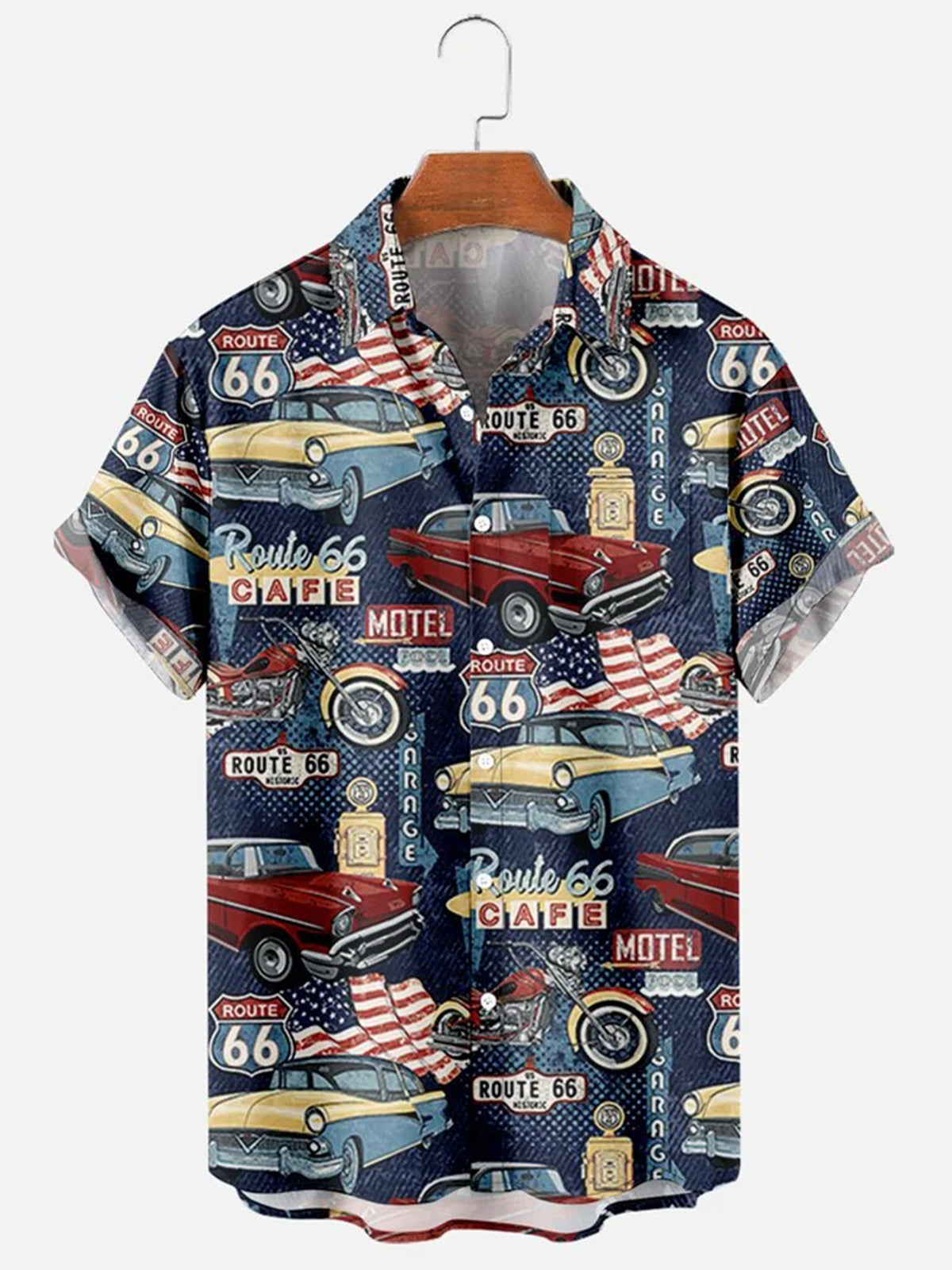 American retro Route Car Short Sleeve Men's Shirts With Pocket