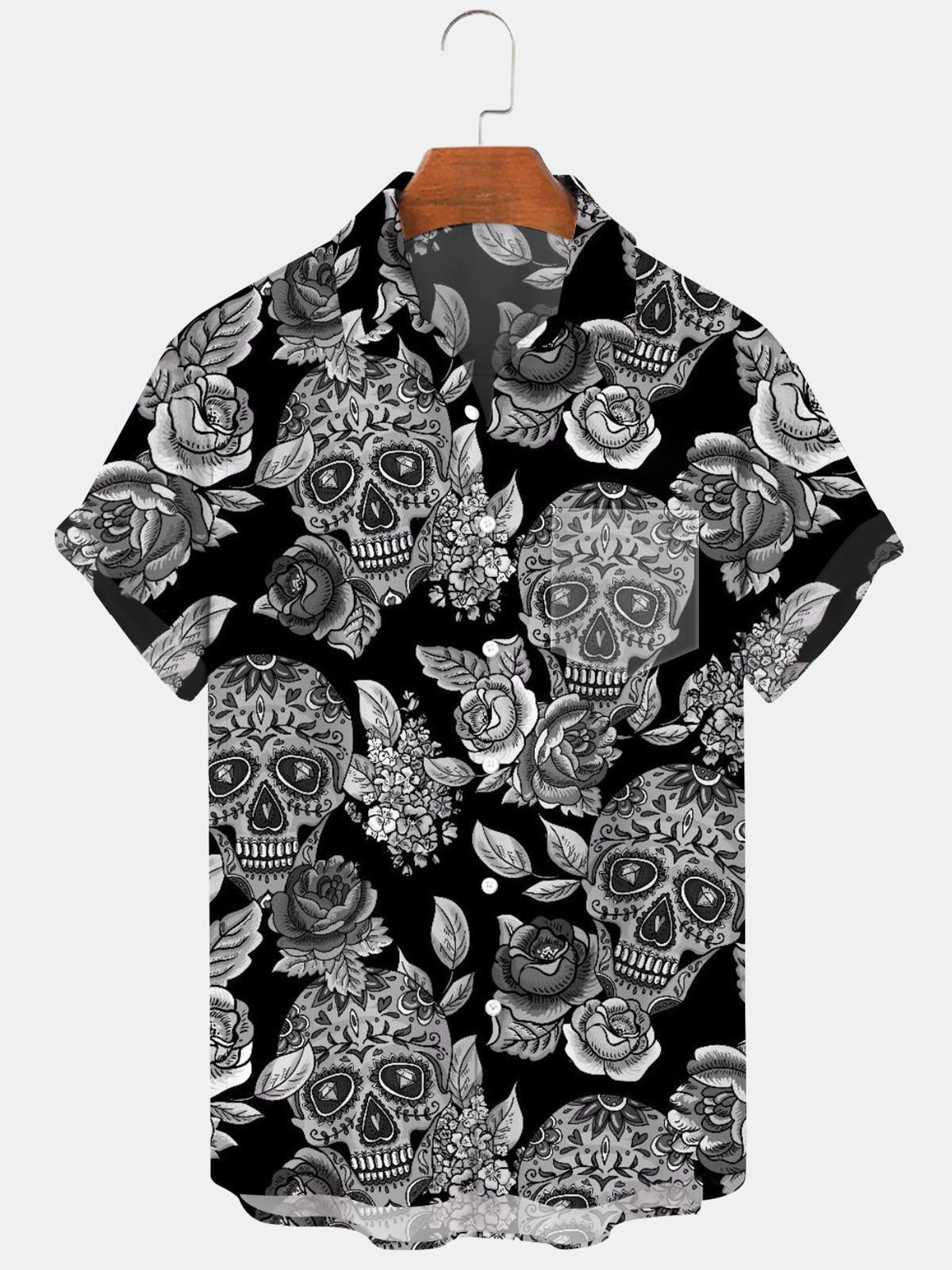 Skull Flower Men's Shirts With Pocket