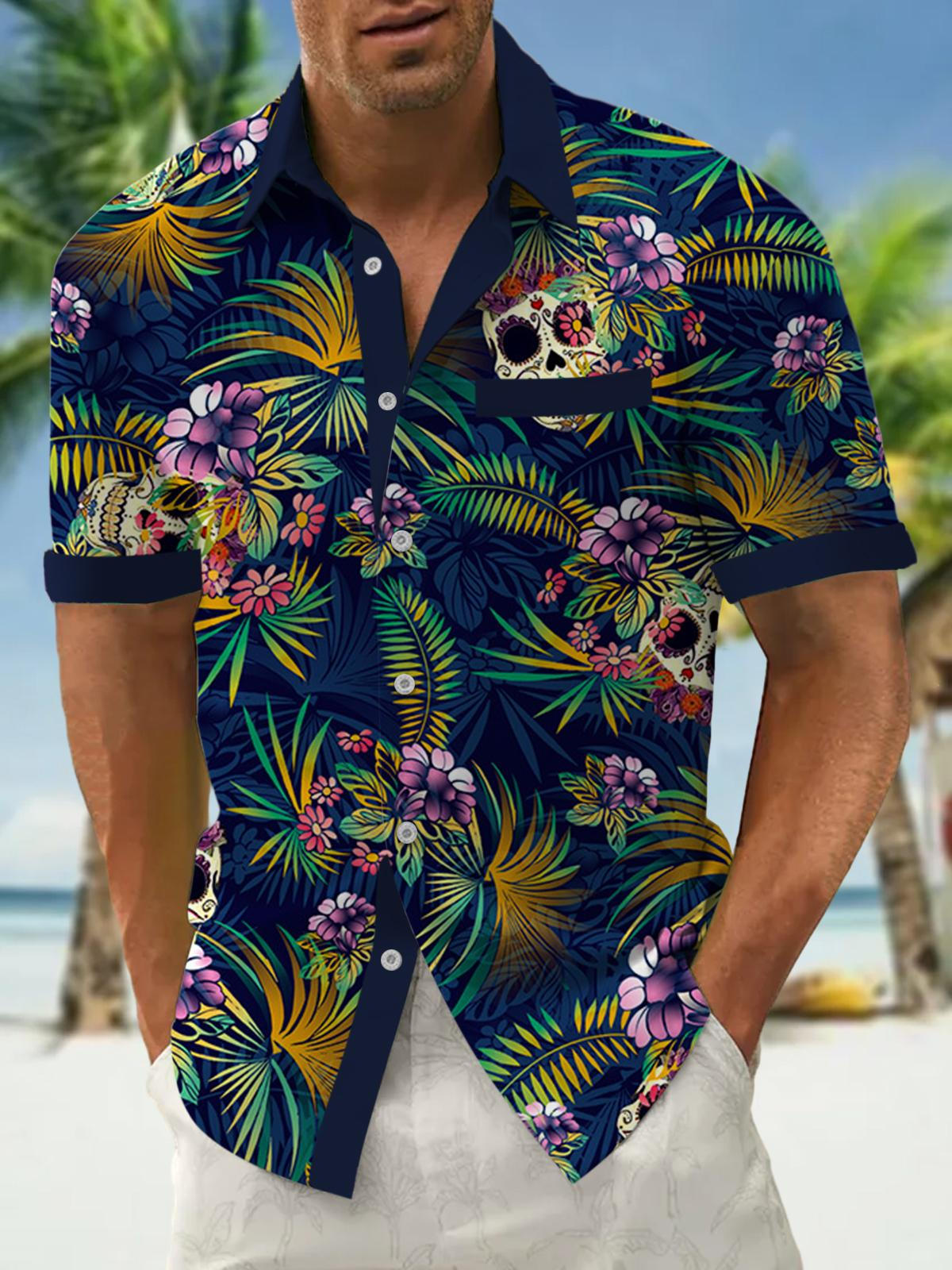 Hawaiian Skull Flower Short Sleeve Men's Shirts With Pocket