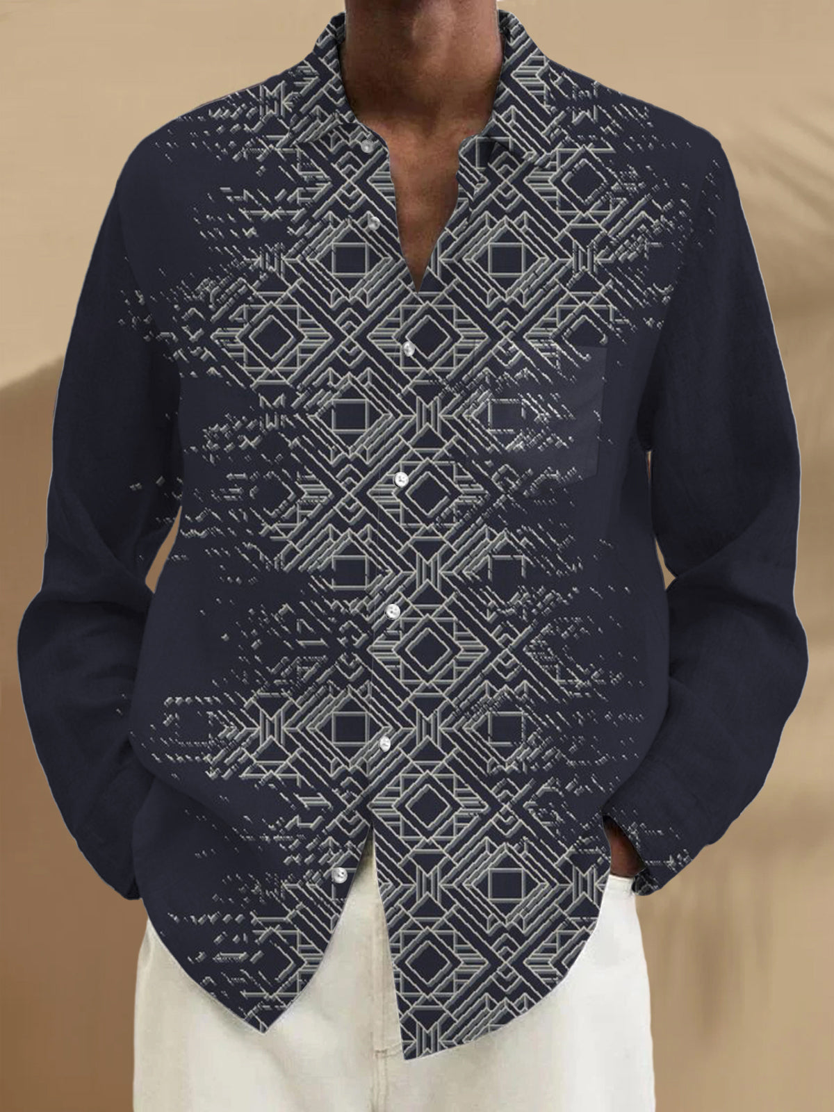 Retro Ethnic Geometric Print Long Sleeve Men's Shirts With Pocket