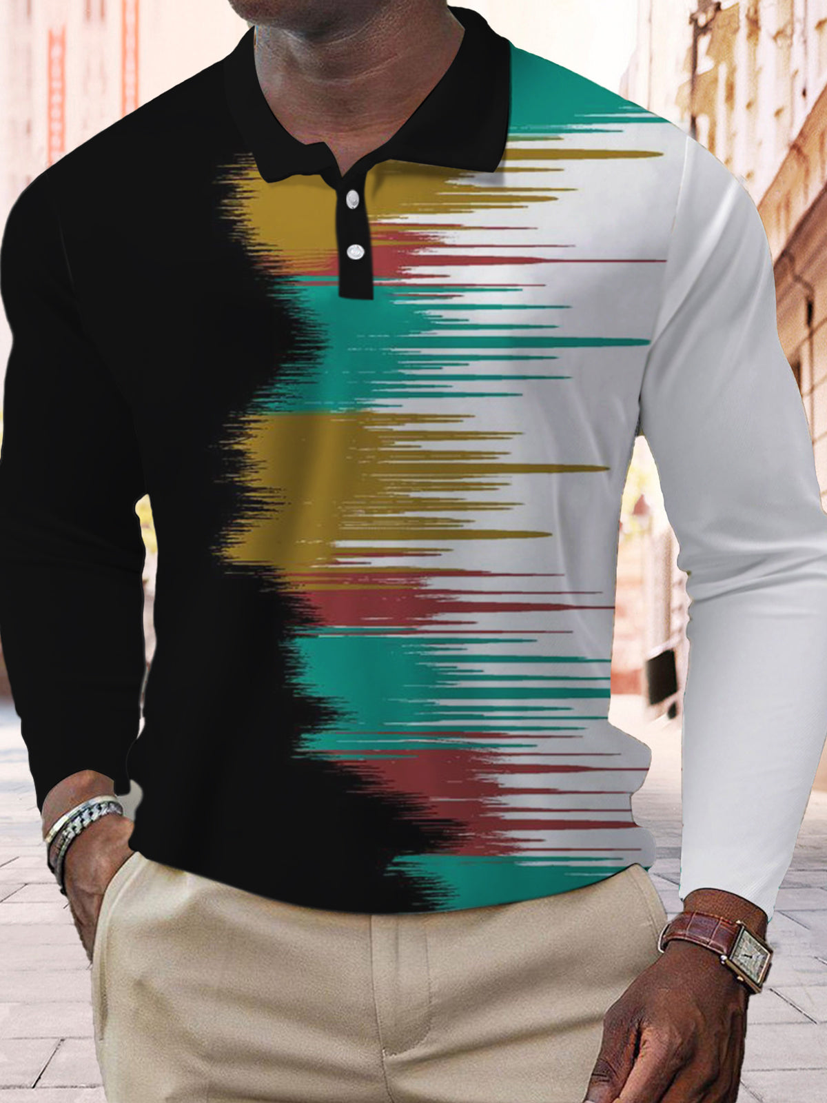 Gradient Color Block Print Men's Long Sleeve Button Polo